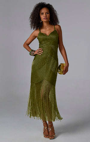 MODELS WEARING OLIVE FRINGE DRESS